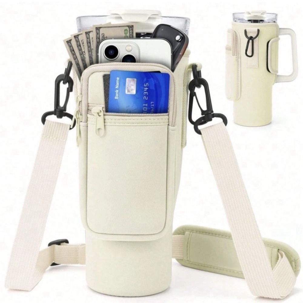 Tumbler Holder w/ Strap & Pockets | 40oz Cup Carrier | Cream | Hands-Free